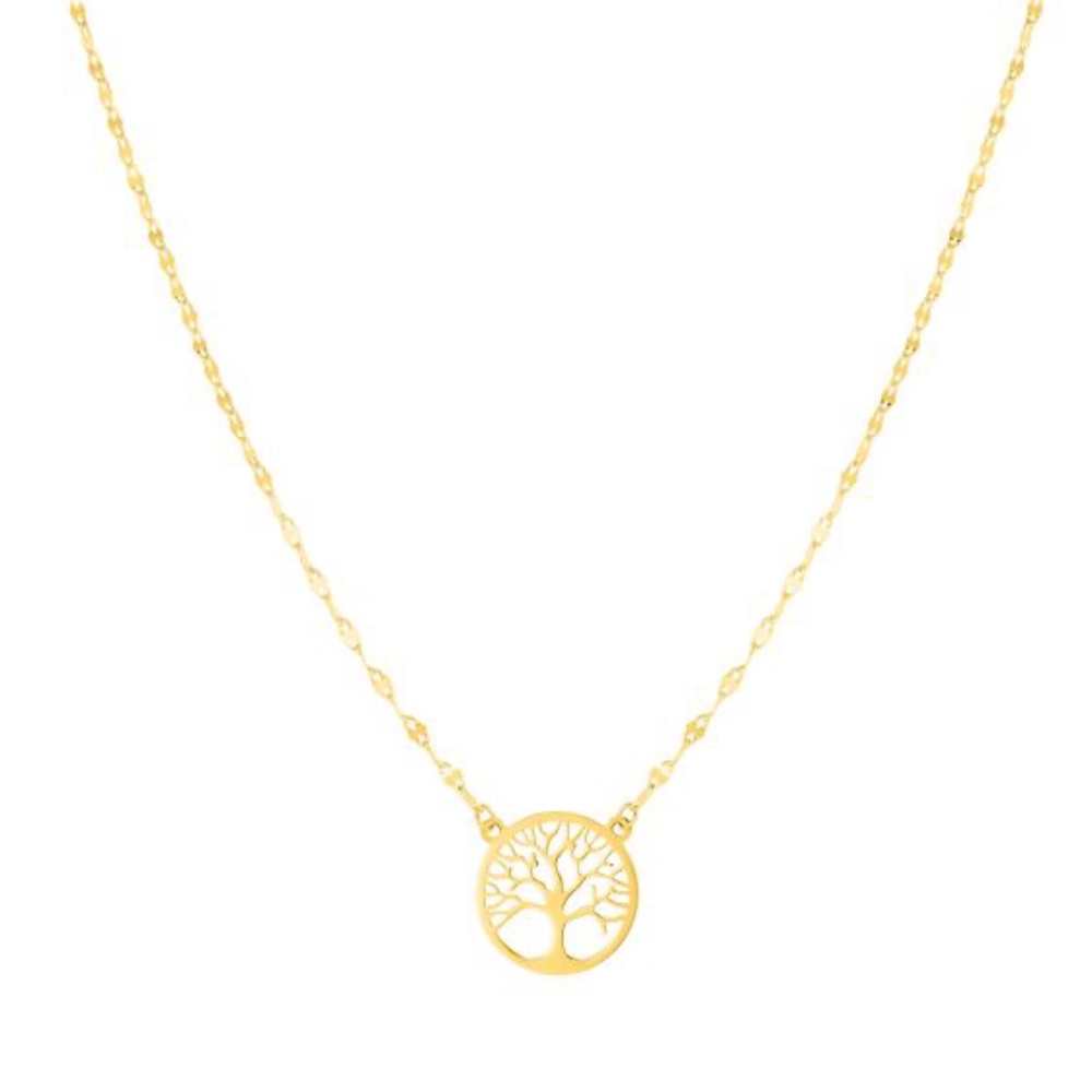 14K Yellow Gold 18" Tree of Life on Mirror Chain Necklace